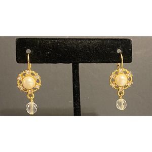 Gold Tone Rhinestone & Faux Pearl Dangle Earrings